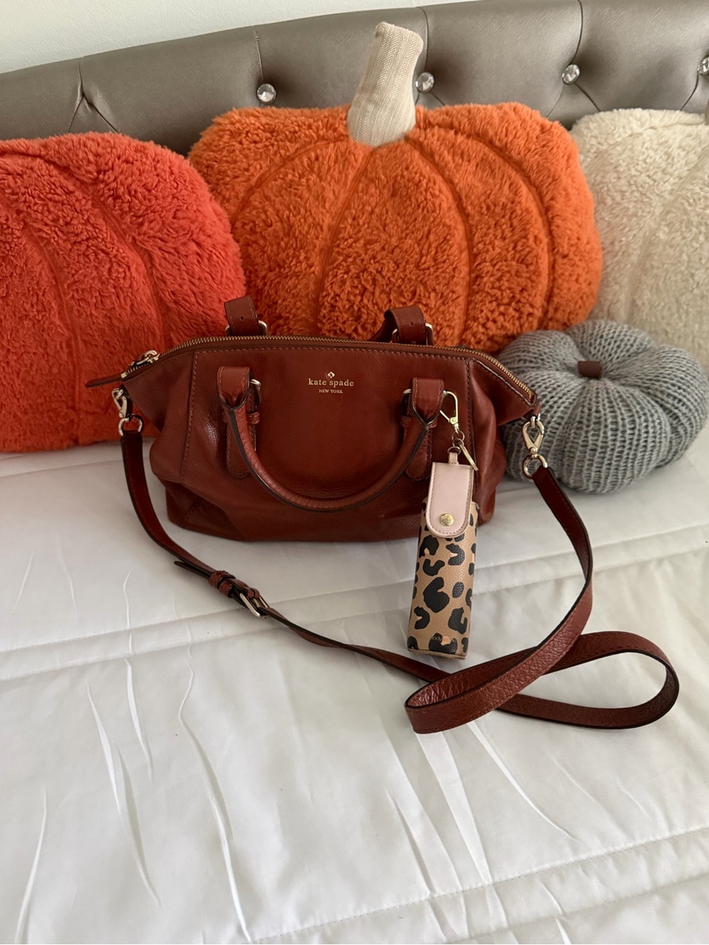 kate spade Brown Leather Satchel with Leopard Strap Accent